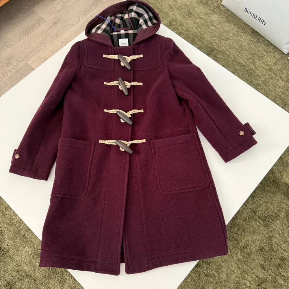 Burberry Belfield Women's Wine Red Merino Wool Hooded‎ Overcoat, Size 4 - Picture 2 of 16